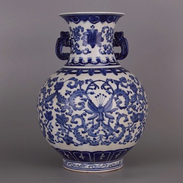 清 乾隆年青花纏枝花卉雙耳尊瓶 仿清代全手工瓷器復古家居裝飾品