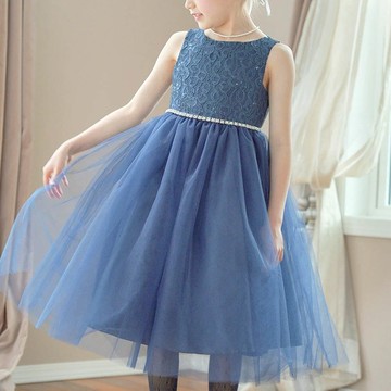 日本 Catherine Cottage - 腰鑽飾前蕾絲後緞面洋裝/小禮服-海軍藍