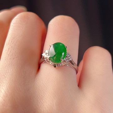 冰種老坑綠翡翠蛋面戒指 PT900白金鑽石 | 天然緬甸A貨翡翠 |送禮