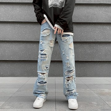 WP | 淺灰牛仔褲  街頭刷破抽鬚 牛仔長褲 寬鬆闊腿褲 復古水洗 破褲 男生長褲 闊版 拼接 潮流 G910