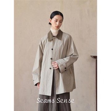 Seams Sense｜文藝復古休閑寬松廓形格紋色織拼色短風衣外套17090