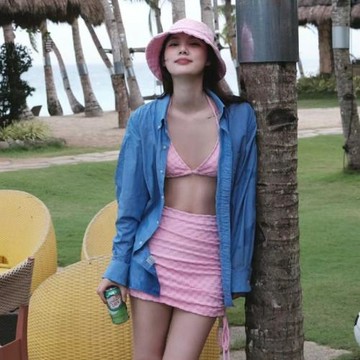 韓版高級時尚女士分體比基尼三件套印花小胸聚攏掛脖顯瘦辣妹度假