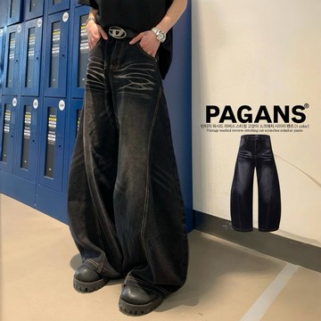 【PAGANS STORE】韓國 美式 復古 貓抓 抓痕 解構 立體 裁剪 慵懶 鬆弛 彎刀褲 牛仔褲 彎刀 牛仔 長褲