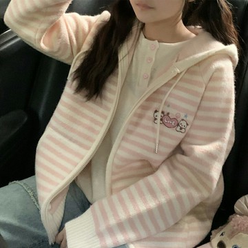 【巴黎精品】現貨+預購 法式針織外套寬鬆上衣針織衫毛衣大碼百搭休閒女裝-小熊條紋連帽女外套2色a1lg7