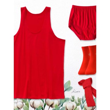 買2送1中老年本命年男士背心跨欄純棉汗衫老人打底衫紅色全棉背心