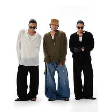 Shizukaumi24通勤百搭親膚好穿廓形亨利領馬海毛針織打底衫毛衣男