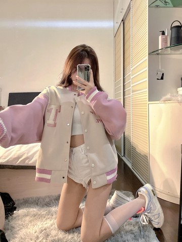 美式復古粉色拼接棒球服開衫外套女秋冬加絨加厚寬松學生夾克上衣