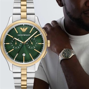 EMPORIO ARMANI 亞曼尼 紳士計時手錶 暑期質感選物 送禮首選-綠x半金/42mm AR11692