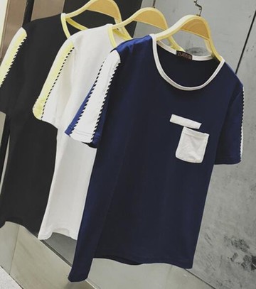 FINDSENSE MD 時尚 男 潮 休閒 圓領 撞色拼接口袋 短袖T恤 特色短T 學生短T