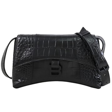 BALENCIAGA 巴黎世家 671355 Downtown 鱷魚壓紋翻蓋肩斜背包.黑