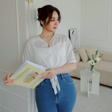 AIR SPACE PLUS 休閒綁帶透膚開領襯衫(白/綠) 女裝 現貨 棉花糖女孩