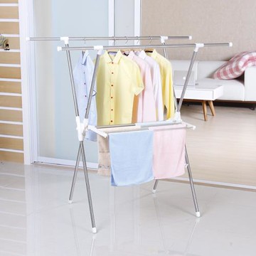 落地雙桿加厚折疊簡易晾衣架不銹鋼室內掛衣架陽臺伸縮曬衣服架子