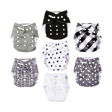 Nora's Nursery 成長型口袋式布尿布 Set 7件組 尺寸可調整 竹碳纖維吸濕除臭 經典搭配  黑白幾何 黑色 + 白色 + 灰色  1組