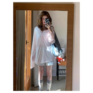 【Nico】【原版面料】粉色條紋長袖防曬T恤罩衫女夏外搭薄款寬鬆慵懶上衣