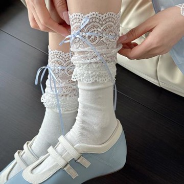 春夏款JK米白色小腿襪女甜美lolita蝴蝶結堆堆襪蕾絲花邊中筒襪子