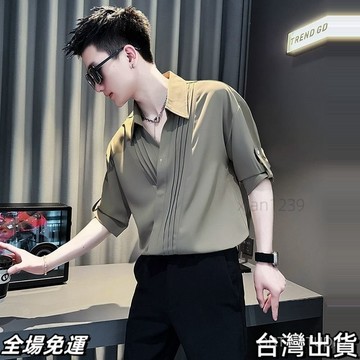 速.發 2025夏季新款純色短袖襯衣男士時尚休閒百搭小衆痞帥潮流男裝襯衫 台出