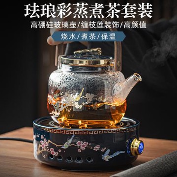 秦藝電陶爐圍爐煮茶器全玻璃燒水壺黑白茶家用烤茶自動蒸汽煮茶爐