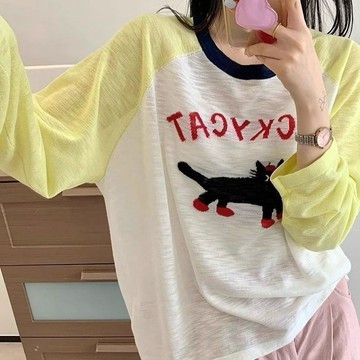 日系甜美清新卡通印花T恤 胖MM大尺碼撞色休閒空調衫 拼接圓領寬鬆上衣 小清新氣質百搭長袖T恤