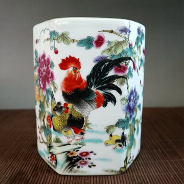 古玩古董 瓷器公雞筆筒 大吉大利六方筆筒 文房四寶 辦公室擺件