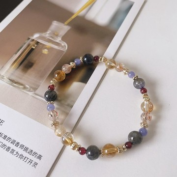 一抹光【內斂】黃水晶x堇青石x石榴石x坦桑石 設計水晶手串