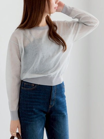 透明感長袖短版針織上衣(0F001151110) - Te chichi