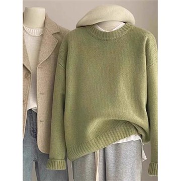 韓系純色慵懶風奶fufu綠色顯白浣熊絨毛衣女冬季軟糯內搭圓領上衣