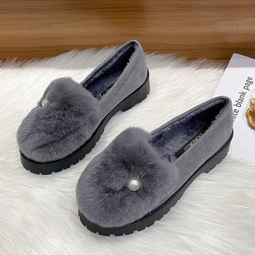 小碼34女毛毛鞋冬季外穿2024年新款加絨真兔毛棉鞋粗跟厚底一腳蹬