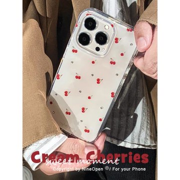 九點半奶白鉆石可愛小櫻桃簡約蘋果16promax雙層手機殼適用iPhone15/14Pro/13高級少女心圣誕邊防摔保護套殼