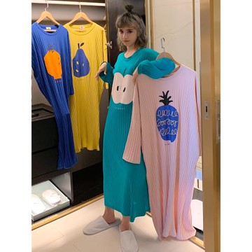水果長袖純棉睡裙女春秋寬松長款孕婦睡衣ins大碼夏季可愛家居服