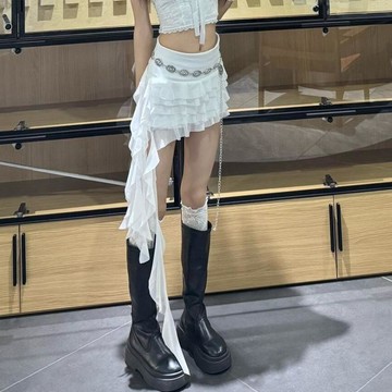 ✨MY女裝 法式度假風 不規則飄帶荷葉邊半身裙 純欲 層次設計感 辣妹網紗短裙 修身顯瘦 短裙 半身裙 防走光  裙子女