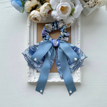 長尾蝴蝶結蕾絲浪漫風格棉布髮圈大腸圈髮飾-伯爵的藍紫色花園