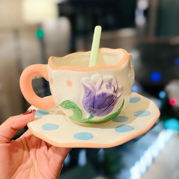 設計感立體浮雕玫瑰花咖啡杯子小眾手捏高顏值下午茶杯碟套裝配勺