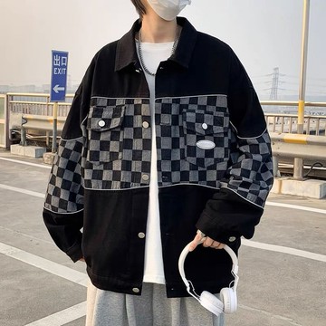 限時優惠 休閒男士工裝夾克上衣 棋盤格拼接牛仔外套男日系潮牌痞帥寬鬆休閒情侶男裝工裝夾克上衣