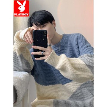 花花公子圓領毛衣男士秋冬季潮牌寬松軟糯休閑針織衫拼接慵懶毛衫