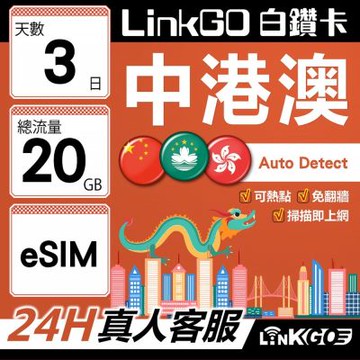 LINKGO白鑽卡 中港澳 eSIM卡 3天上網卡 總流量20GB 無限流量 免翻牆可熱點(中港澳網卡 中國 大陸 香港 澳門 虛擬卡)