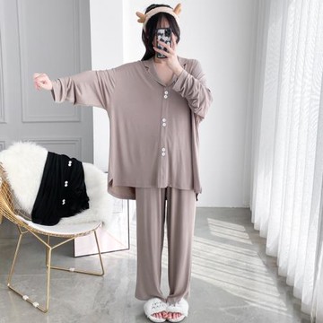 簡約V領加大碼薄莫代爾睡衣女長袖長褲兩件套寬松胖MM200斤家居服