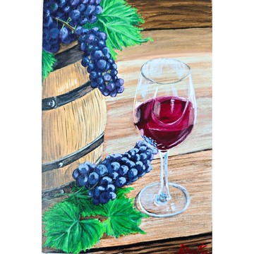 RinaArtSK創作的原創紅酒與葡萄靜物油畫  畫布材質 。