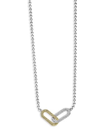 Lagos 18K Yellow Gold & Sterling Silver Caviar Lux-Clip Diamond Bead Link Necklace, 16-18 - Exclusive