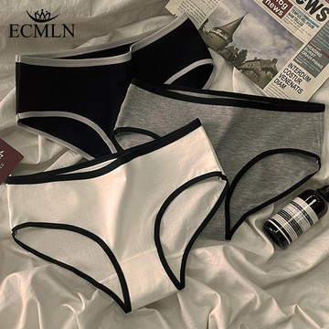 ECMLN韓國簡約運動少女內褲中腰黑色白色灰色內衣柔軟透氣純棉女內褲