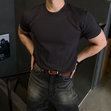 素面 圓領 剪裁 裁縫 彈力 Clean Fit 合身 健身 運動 純棉 男生 短袖tee Y2101