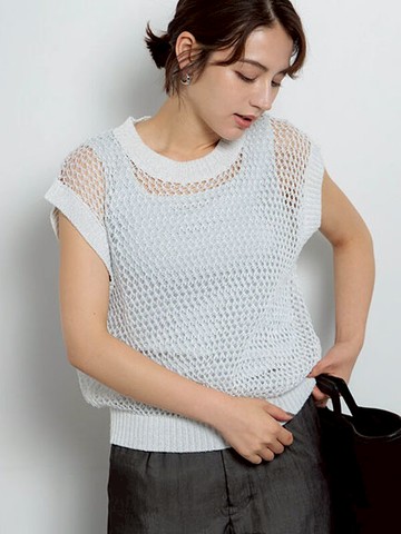 網眼洞洞透膚設計針織圓領背心(0F000935210) - Te chichi