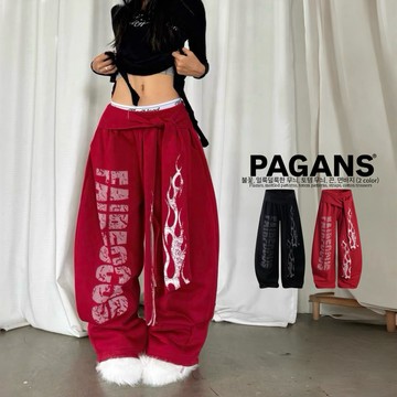 【PAGANS STORE】美式 復古 火焰 斑駁 字體 字母 綁帶 休閒 運動 棉褲 棉長褲 長褲 (2 color)