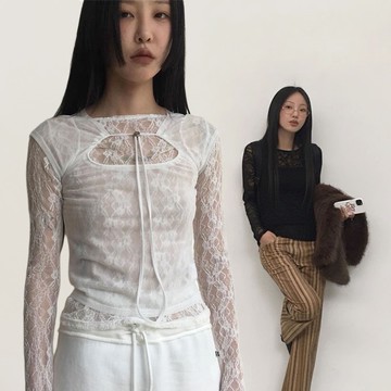 日系內搭立體透視蕾絲錦綸彈力長袖T恤