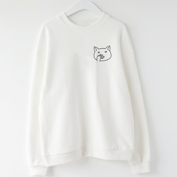 左胸Nose Picking Cat 男女大學T 刷毛 中性版 白色 貓咪挖鼻秋冬