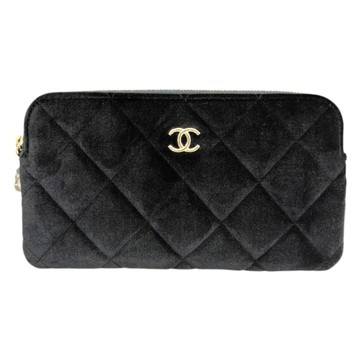 CHANEL 香奈兒黑色 菱格紋 絲絨布 velor poach 化妝包  CD0137【二手名牌BRAND OFF】