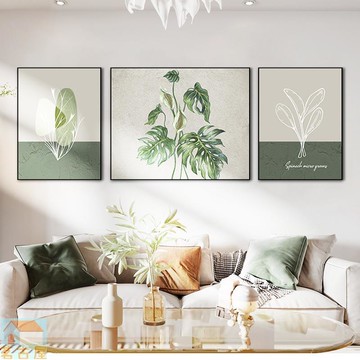 侘寂風裝飾畫肌理畫客廳沙發背景墻掛畫綠色樹葉三聯畫簡約抽象