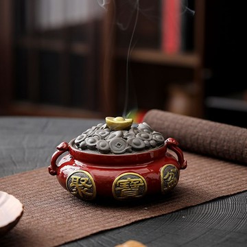 ❤臺灣出貨 聚寶盆香爐 家用供奉帶蓋招財風水陶瓷香爐 帶蓋盤香香薰擺件 開運招財擺件 修身養性香爐 室內佛具用品盤香爐