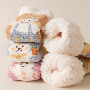 襪子女保暖加絨加厚保暖羊羔絨家居珊瑚絨中筒襪睡眠毛毛月子襪秋冬新款【聚宝屋】