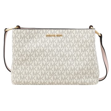 MICHAEL KORS TRISHA金屬LOGO滿版印花三層拉鍊斜背包(白/粉)