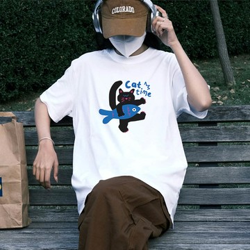 MXIAN - 純棉寬版印花T恤-摸魚時間-白色